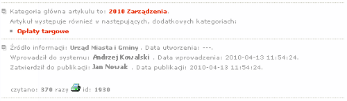 Sekcja informacyjna wyświetlona pod artykułem